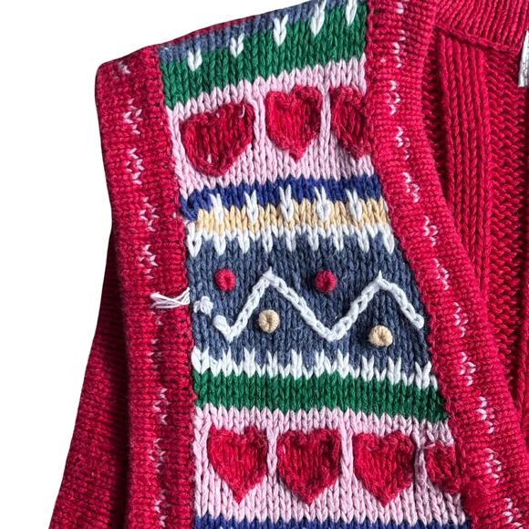 Vintage Karen Scott Red Knit Heart Patchwork Folk Art Sweater Vest Large Cozy - Picture 7 of 16
